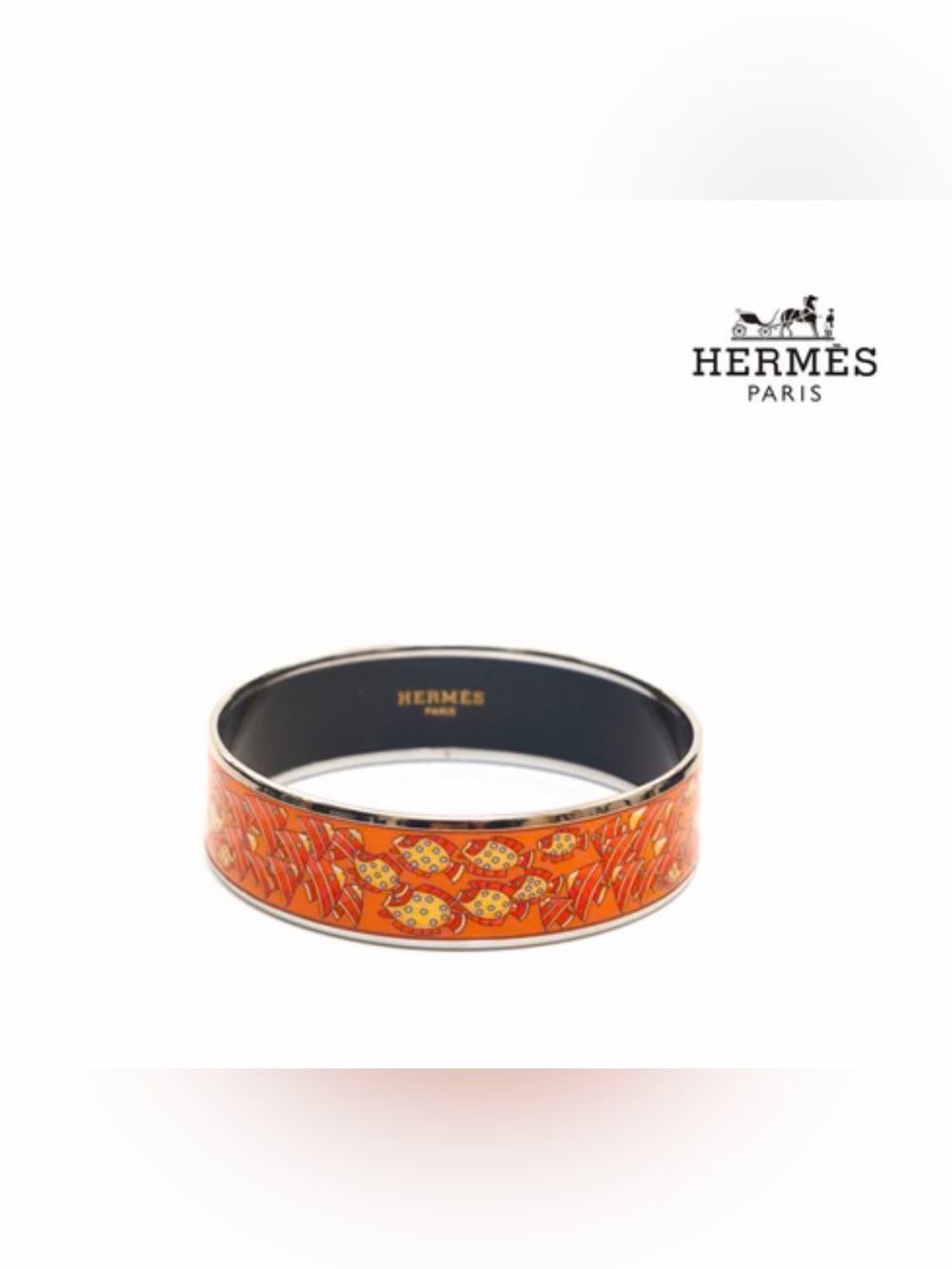 Hermes Orange Enamel Fish Motif Bracelet with Silver Edges